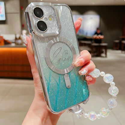 For iPhone 16 Plus Dual-Love Leaves Gradient Glitter Bracelets Magsafe TPU Phone Case(Green) by buy2fix