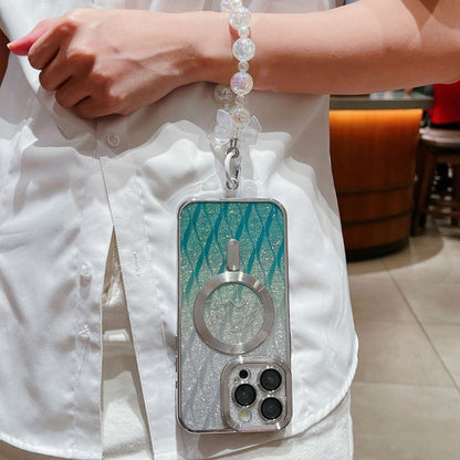 For iPhone 16 Dual-Love Leaves Gradient Glitter Bracelets Magsafe TPU Phone Case(Green) by buy2fix