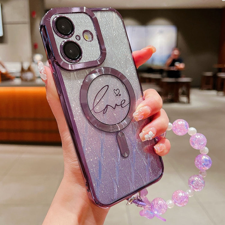 For iPhone 16 Dual-Love Leaves Gradient Glitter Bracelets Magsafe TPU Phone Case(Purple) by buy2fix