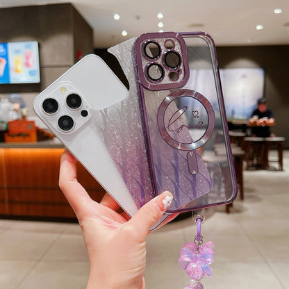 For iPhone 16 Plus Dual-Love Leaves Gradient Glitter Bracelets Magsafe TPU Phone Case(Purple) by buy2fix