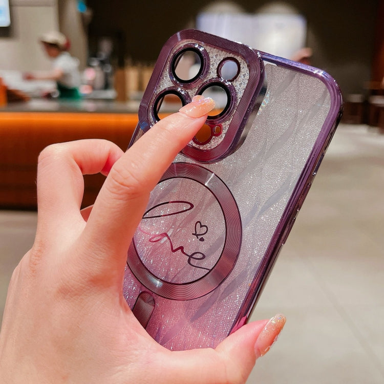 For iPhone 16 Dual-Love Leaves Gradient Glitter Bracelets Magsafe TPU Phone Case(Purple) by buy2fix