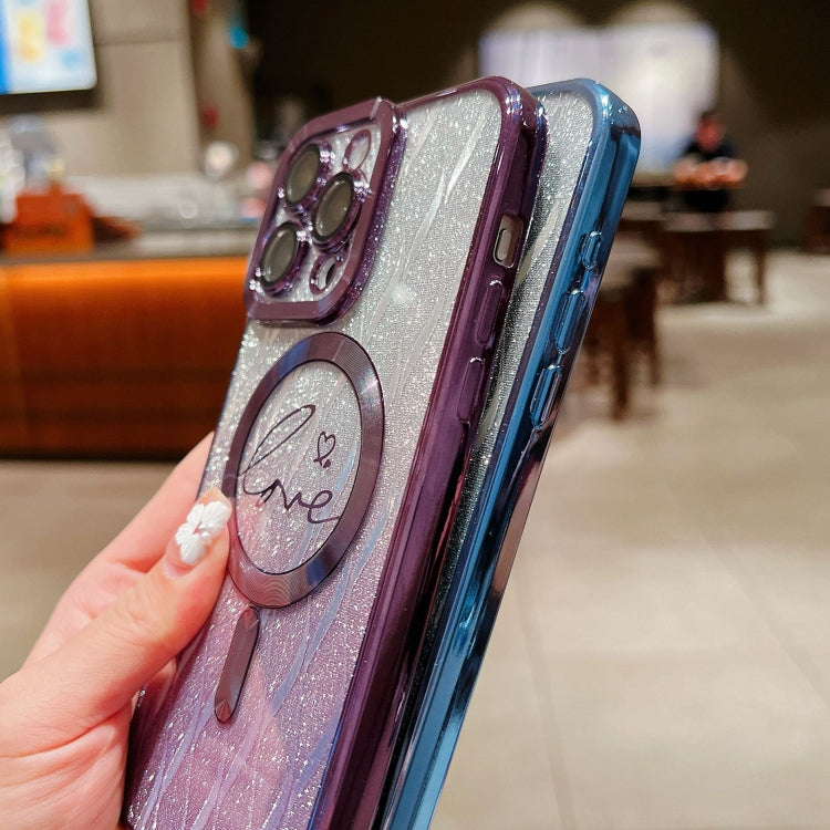 For iPhone 16 Dual-Love Leaves Gradient Glitter Bracelets Magsafe TPU Phone Case(Purple) by buy2fix