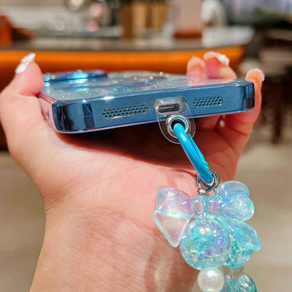 For iPhone 16 Plus Dual-Love Leaves Gradient Glitter Bracelets Magsafe TPU Phone Case(Blue) by buy2fix