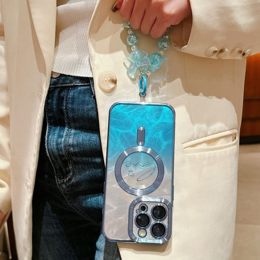 For iPhone 16 Plus Dual-Love Feather Gradient Glitter Bracelets Magsafe TPU Phone Case(Blue) by buy2fix