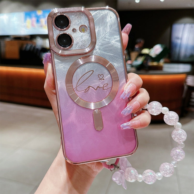 For iPhone 16 Dual-Love Feather  Gradient Glitter Bracelets Magsafe TPU Phone Case(Pink) - iPhone 16 Cases by buy2fix | Online Shopping UK | buy2fix