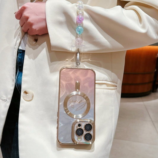 For iPhone 16 Dual-Love Feather Gradient Glitter Bracelets Magsafe TPU Phone Case(Gold) by buy2fix