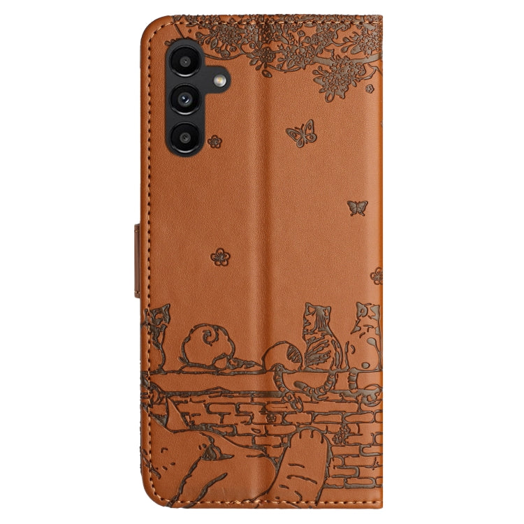 For Samsung Galaxy S25 5G Cat Embossing Pattern Leather Phone Case with Lanyard(Brown) - Galaxy S25 5G Cases by buy2fix | Online Shopping UK | buy2fix