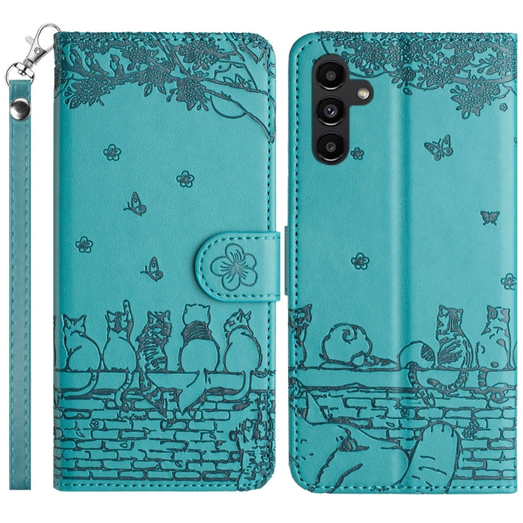 For Samsung Galaxy S25+ 5G Cat Embossing Pattern Leather Phone Case with Lanyard(Blue) - Galaxy S25+ 5G Cases by buy2fix | Online Shopping UK | buy2fix