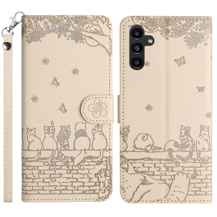 For Samsung Galaxy S25+ 5G Cat Embossing Pattern Leather Phone Case with Lanyard(Beige) - Galaxy S25+ 5G Cases by buy2fix | Online Shopping UK | buy2fix