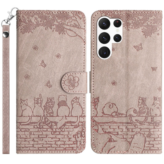 For Samsung Galaxy S25 Ultra 5G Cat Embossing Pattern Leather Phone Case with Lanyard(Grey) - Galaxy S25 Ultra 5G Cases by buy2fix | Online Shopping UK | buy2fix