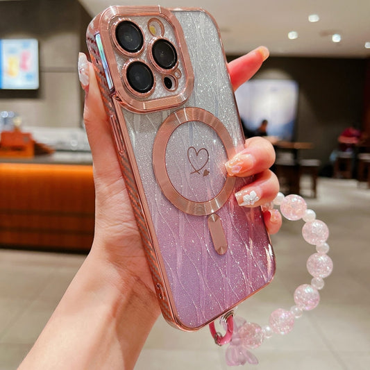 For iPhone 15 Pro Loves Leaves Gradient Glitter Bracelets Carbon Fiber Magsafe TPU Phone Case(Pink) by buy2fix