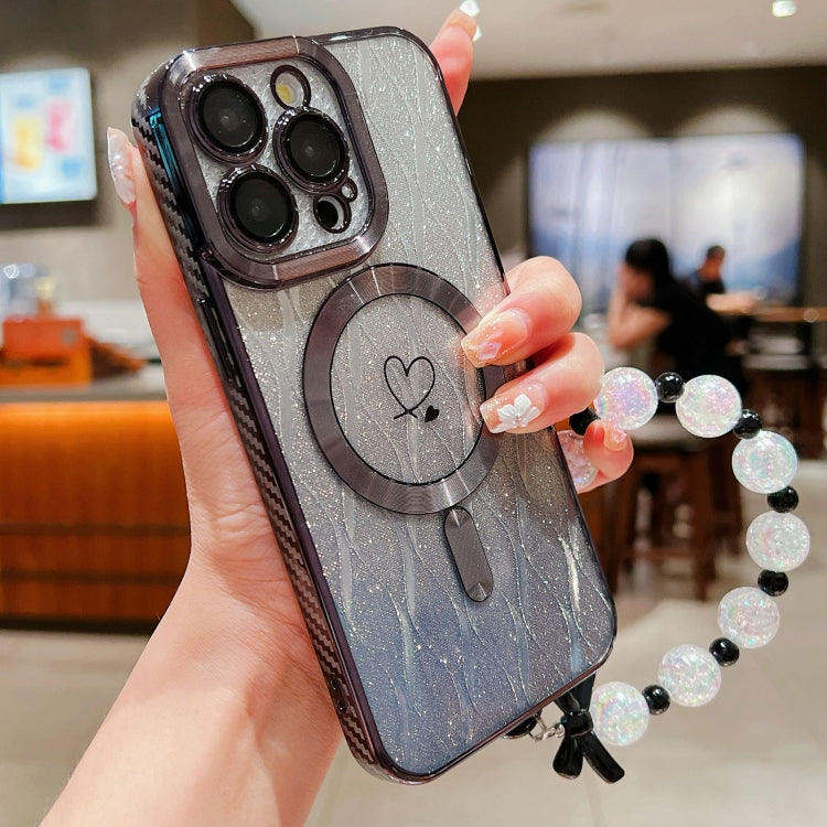 For iPhone 15 Pro Loves Leaves Gradient Glitter Bracelets Carbon Fiber Magsafe TPU Phone Case(Black) by buy2fix