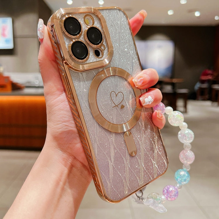 For iPhone 15 Pro Loves Leaves Gradient Glitter Bracelets Carbon Fiber Magsafe TPU Phone Case(Gold) by buy2fix
