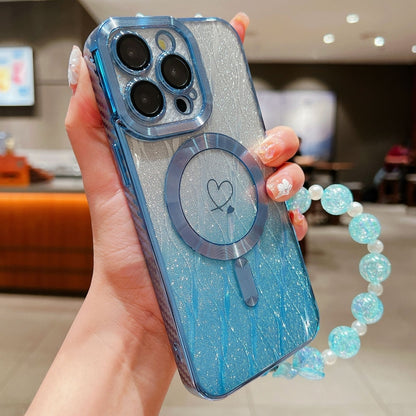 For iPhone 15 Pro Loves Leaves Gradient Glitter Bracelets Carbon Fiber Magsafe TPU Phone Case(Blue) by buy2fix