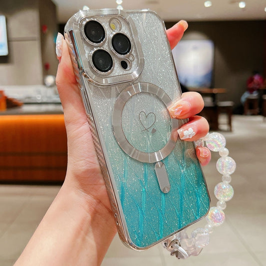 For iPhone 15 Pro Loves Leaves Gradient Glitter Bracelets Carbon Fiber Magsafe TPU Phone Case(Green) by buy2fix