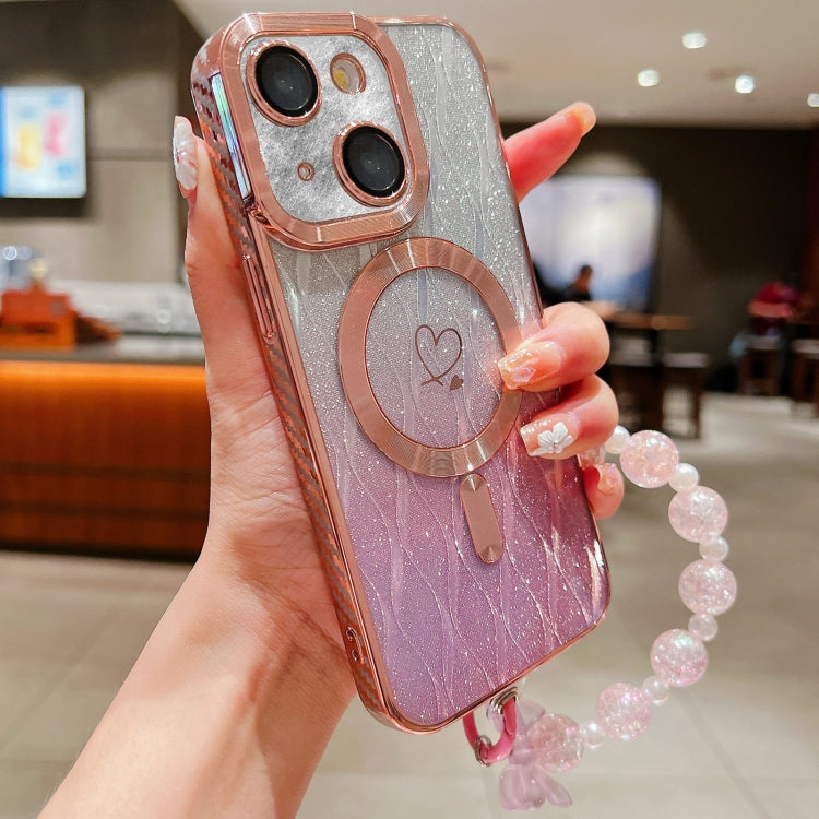 For iPhone 15 Plus Loves Leaves Gradient Glitter Bracelets Carbon Fiber Magsafe TPU Phone Case(Pink) - iPhone 15 Plus Cases by buy2fix | Online Shopping UK | buy2fix