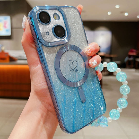 For iPhone 15 Plus Loves Leaves Gradient Glitter Bracelets Carbon Fiber Magsafe TPU Phone Case(Blue)