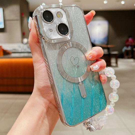 For iPhone 15 Plus Loves Leaves Gradient Glitter Bracelets Carbon Fiber Magsafe TPU Phone Case(Green)