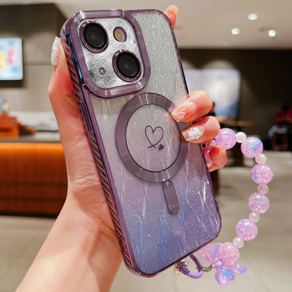 For iPhone 14 Plus Loves Leaves Gradient Glitter Bracelets Carbon Fiber Magsafe TPU Phone Case(Purple) - iPhone 14 Plus Cases by buy2fix | Online Shopping UK | buy2fix