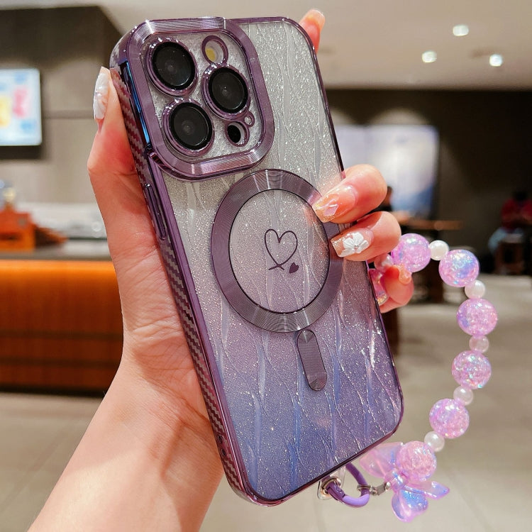 For iPhone 12 Pro Loves Leaves Gradient Glitter Bracelets Carbon Fiber Magsafe TPU Phone Case(Purple) - iPhone 12 / 12 Pro Cases by buy2fix | Online Shopping UK | buy2fix