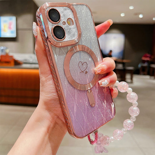 For iPhone 16 Plus Loves Leaves Gradient Glitter Bracelets Carbon Fiber Magsafe TPU Phone Case(Pink) by buy2fix
