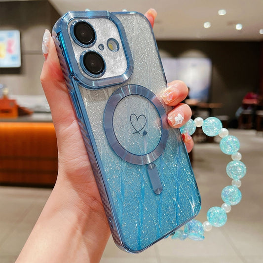 For iPhone 16 Plus Loves Leaves Gradient Glitter Bracelets Carbon Fiber Magsafe TPU Phone Case(Blue) by buy2fix