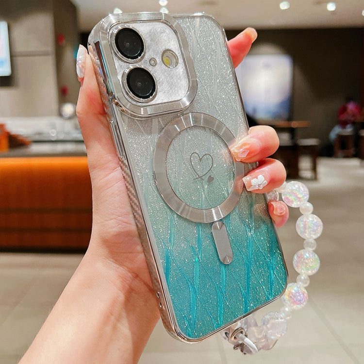 For iPhone 16 Plus Loves Leaves Gradient Glitter Bracelets Carbon Fiber Magsafe TPU Phone Case(Green) by buy2fix