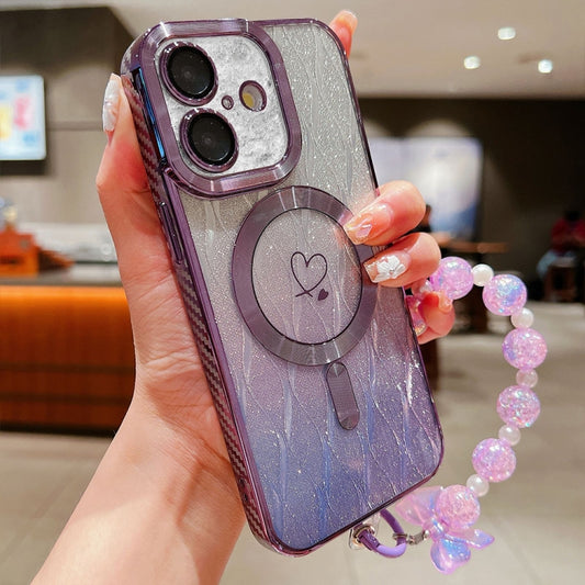 For iPhone 16 Plus Loves Leaves Gradient Glitter Bracelets Carbon Fiber Magsafe TPU Phone Case(Purple) by buy2fix