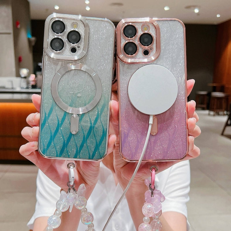 For iPhone 15 Pro Loves Leaves Gradient Glitter Bracelets Carbon Fiber Magsafe TPU Phone Case(Gold) by buy2fix