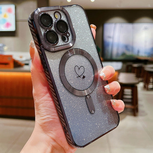 For iPhone 15 Pro Loves Gradient Glitter Carbon Fiber Magsafe TPU Phone Case(Black) by buy2fix