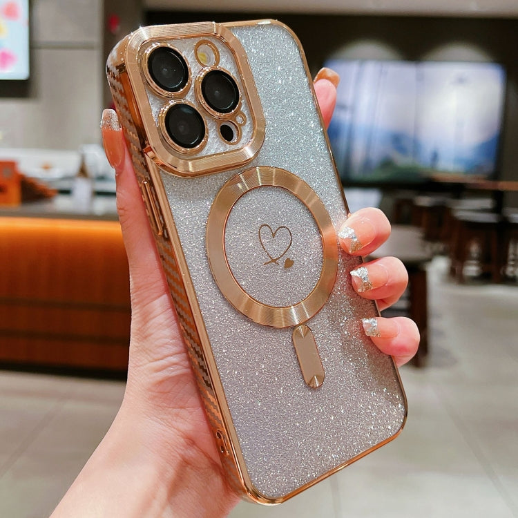 For iPhone 15 Pro Loves Gradient Glitter Carbon Fiber Magsafe TPU Phone Case(Gold) by buy2fix