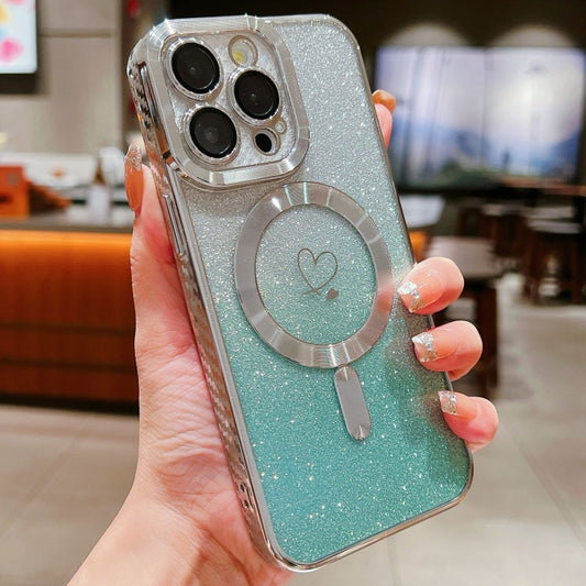 For iPhone 15 Pro Loves Gradient Glitter Carbon Fiber Magsafe TPU Phone Case(Green Silver) by buy2fix