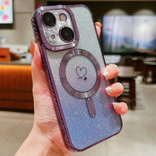 For iPhone 15 Plus Loves Gradient Glitter Carbon Fiber Magsafe TPU Phone Case(Purple)