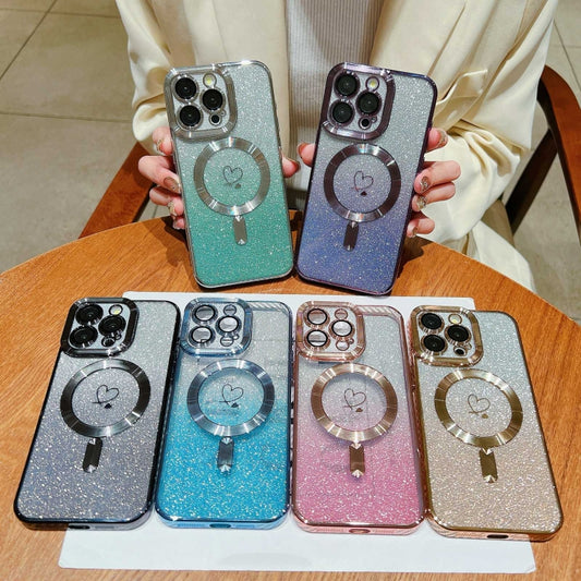 For iPhone 14 Pro Max Loves Gradient Glitter Carbon Fiber Magsafe TPU Phone Case(Pink) by buy2fix