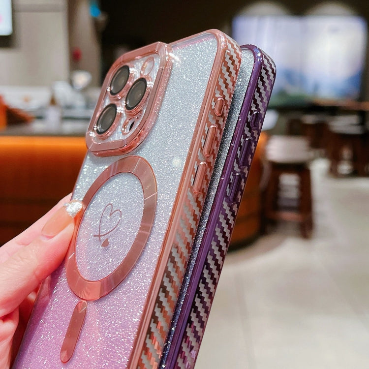 For iPhone 14 Loves Gradient Glitter Carbon Fiber Magsafe TPU Phone Case(Green Silver) by buy2fix