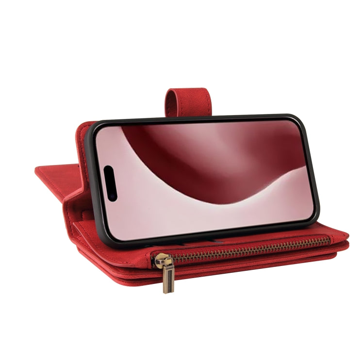 For iPhone 16 Pro Skin Feel Multi Card Slots Zipper Wallet Leather Phone Case(Red) - iPhone 16 Pro Cases by buy2fix | Online Shopping UK | buy2fix