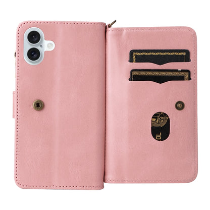 For iPhone 16 Plus Skin Feel Multi Card Slots Zipper Wallet Leather Phone Case(Pink) - iPhone 16 Plus Cases by buy2fix | Online Shopping UK | buy2fix