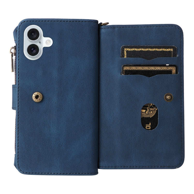 For iPhone 16 Plus Skin Feel Multi Card Slots Zipper Wallet Leather Phone Case(Blue) - iPhone 16 Plus Cases by buy2fix | Online Shopping UK | buy2fix