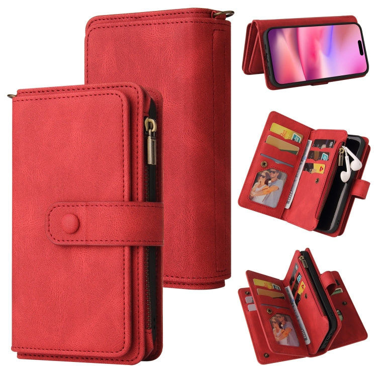 For iPhone 16 Skin Feel Multi Card Slots Zipper Wallet Leather Phone Case(Red) - iPhone 16 Cases by buy2fix | Online Shopping UK | buy2fix
