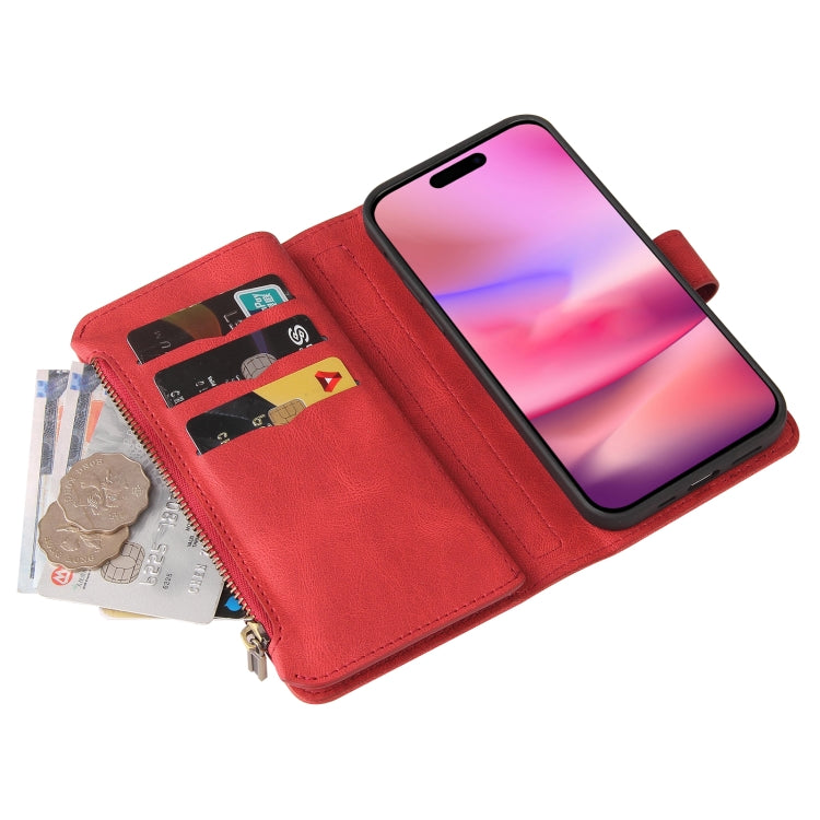 For iPhone 16 Skin Feel Multi Card Slots Zipper Wallet Leather Phone Case(Red) - iPhone 16 Cases by buy2fix | Online Shopping UK | buy2fix