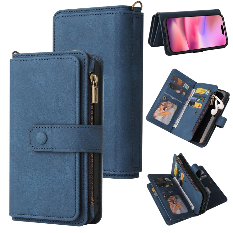 For iPhone 16 Skin Feel Multi Card Slots Zipper Wallet Leather Phone Case(Blue) - iPhone 16 Cases by buy2fix | Online Shopping UK | buy2fix