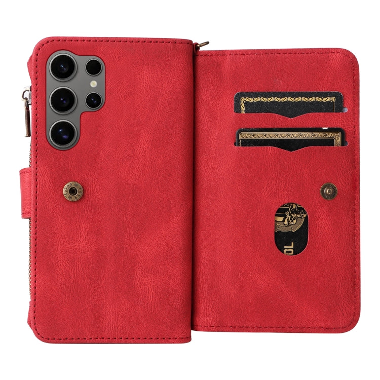 For Samsung Galaxy S25 Ultra 5G Skin Feel Multi Card Slots Zipper Wallet Leather Phone Case(Red) by buy2fix