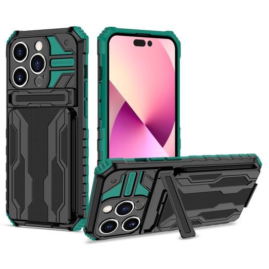 For iPhone 15 Pro Max Kickstand Armor Card Wallet Phone Case(Deep Green) by buy2fix
