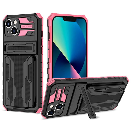 For iPhone 15 Plus Kickstand Armor Card Wallet Phone Case(Pink) by buy2fix