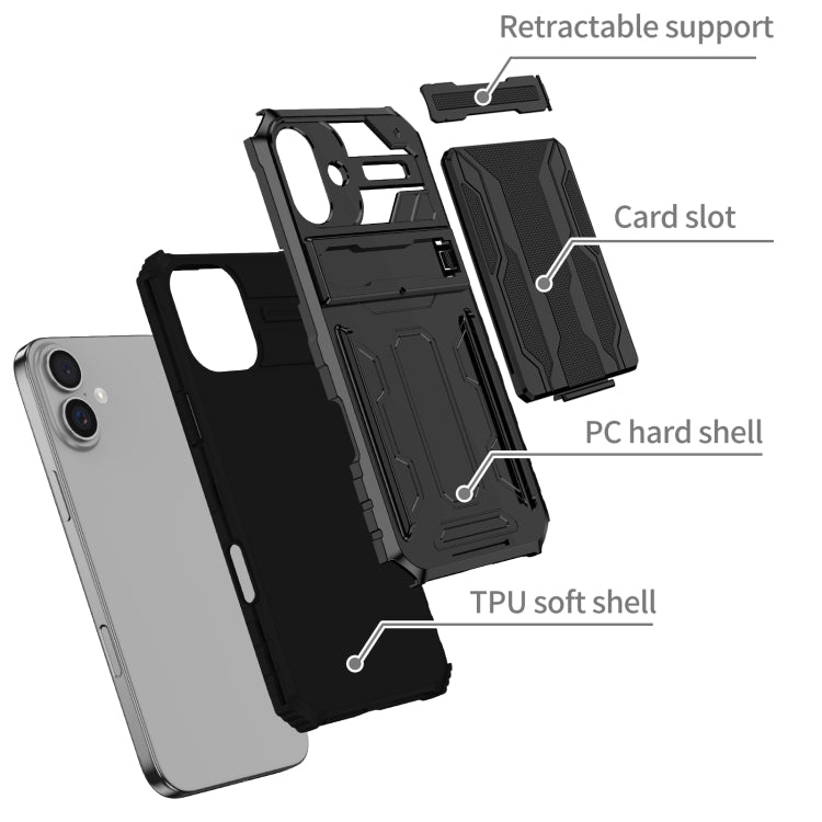 For iPhone 16 Plus Kickstand Armor Card Wallet Phone Case(Black) - iPhone 16 Plus Cases by buy2fix | Online Shopping UK | buy2fix