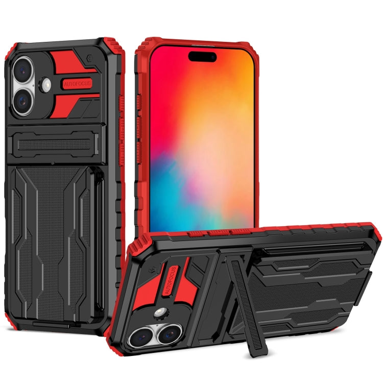 For iPhone 16 Plus Kickstand Armor Card Wallet Phone Case(Red) - iPhone 16 Plus Cases by buy2fix | Online Shopping UK | buy2fix