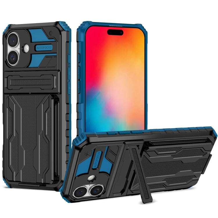 For iPhone 16 Plus Kickstand Armor Card Wallet Phone Case(Blue) - iPhone 16 Plus Cases by buy2fix | Online Shopping UK | buy2fix