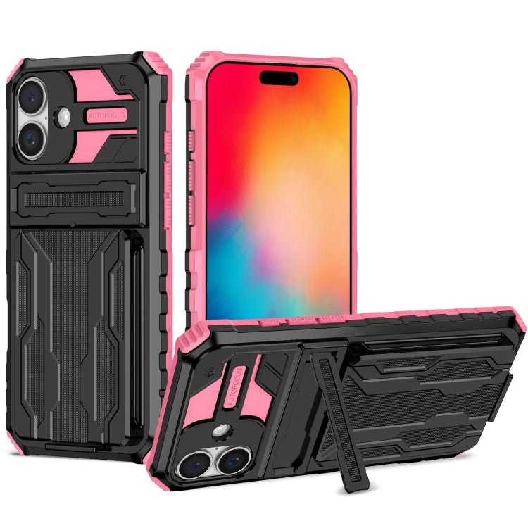 For iPhone 16 Kickstand Armor Card Wallet Phone Case(Pink) by buy2fix