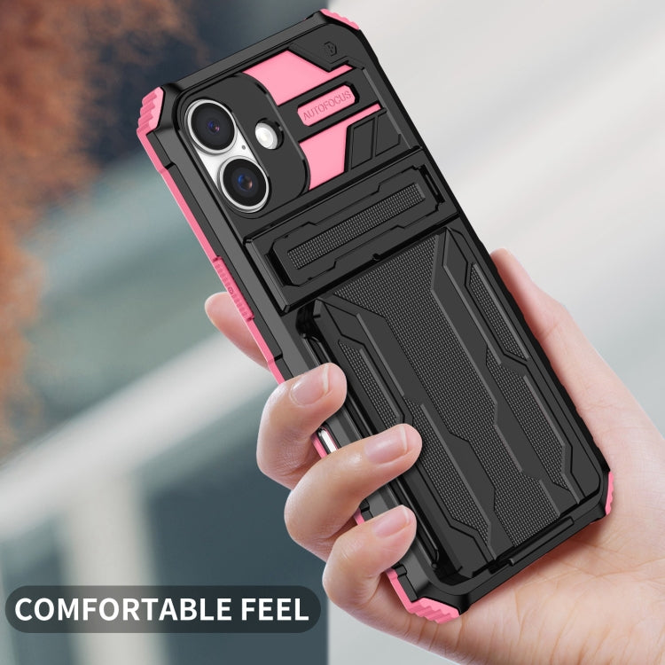 For iPhone 16 Kickstand Armor Card Wallet Phone Case(Pink) by buy2fix