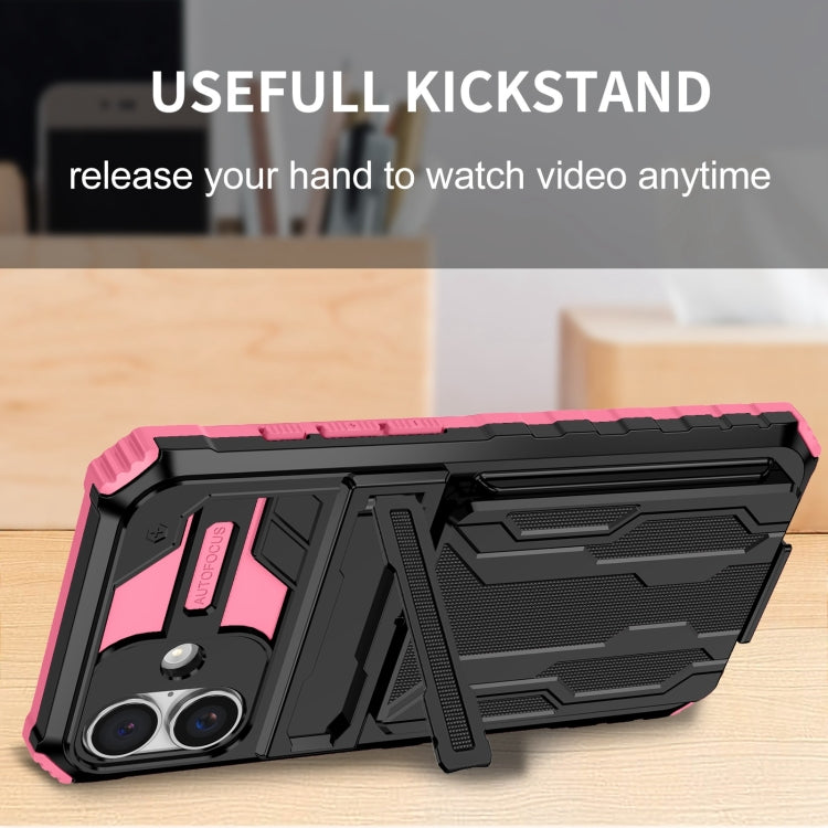 For iPhone 16 Kickstand Armor Card Wallet Phone Case(Pink) by buy2fix